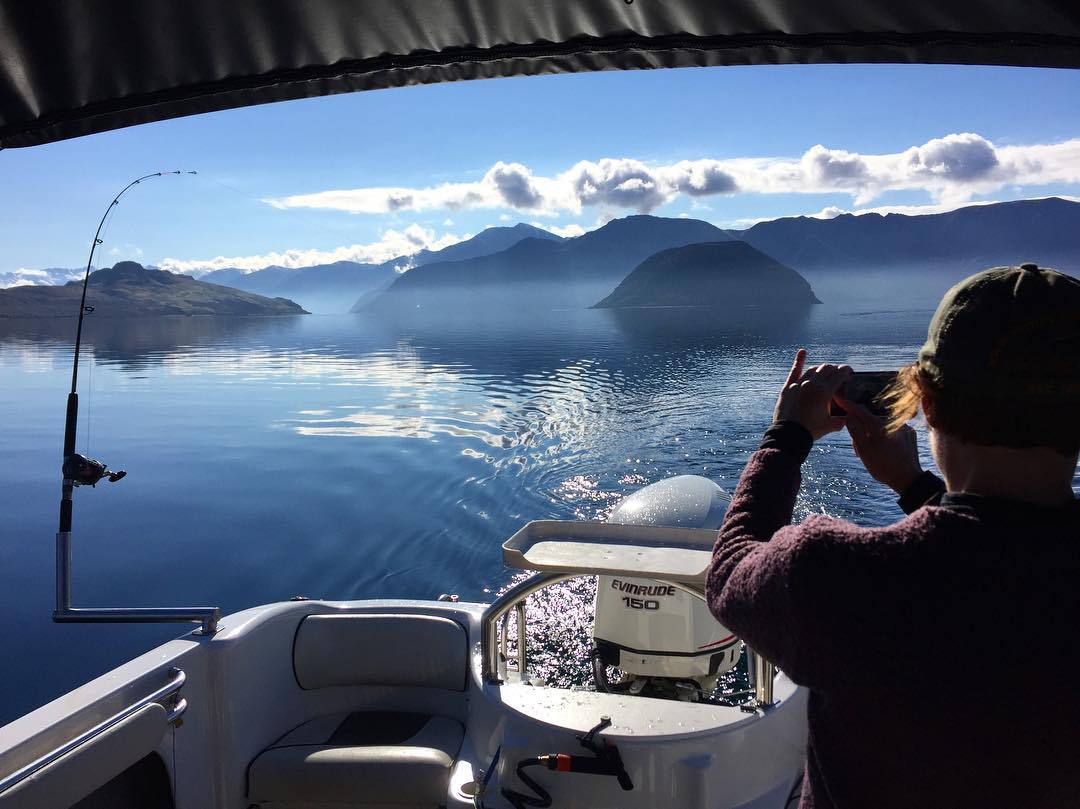 View from inside the boat looking out over Lake Wanaka