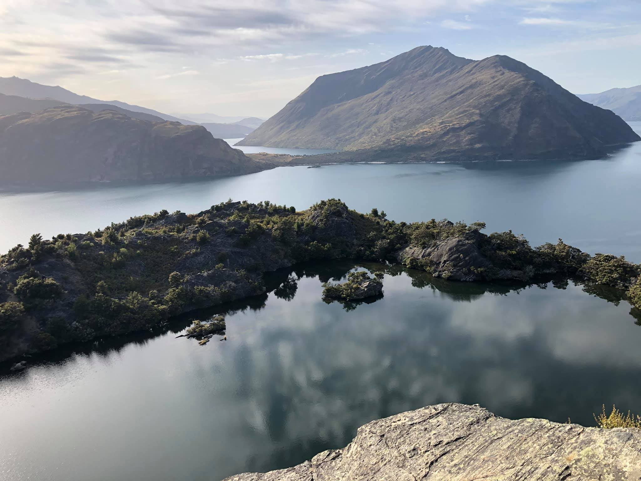 Aerial view of Mou Waho Island showing the inner lagoon and Lake Wanaka beyond